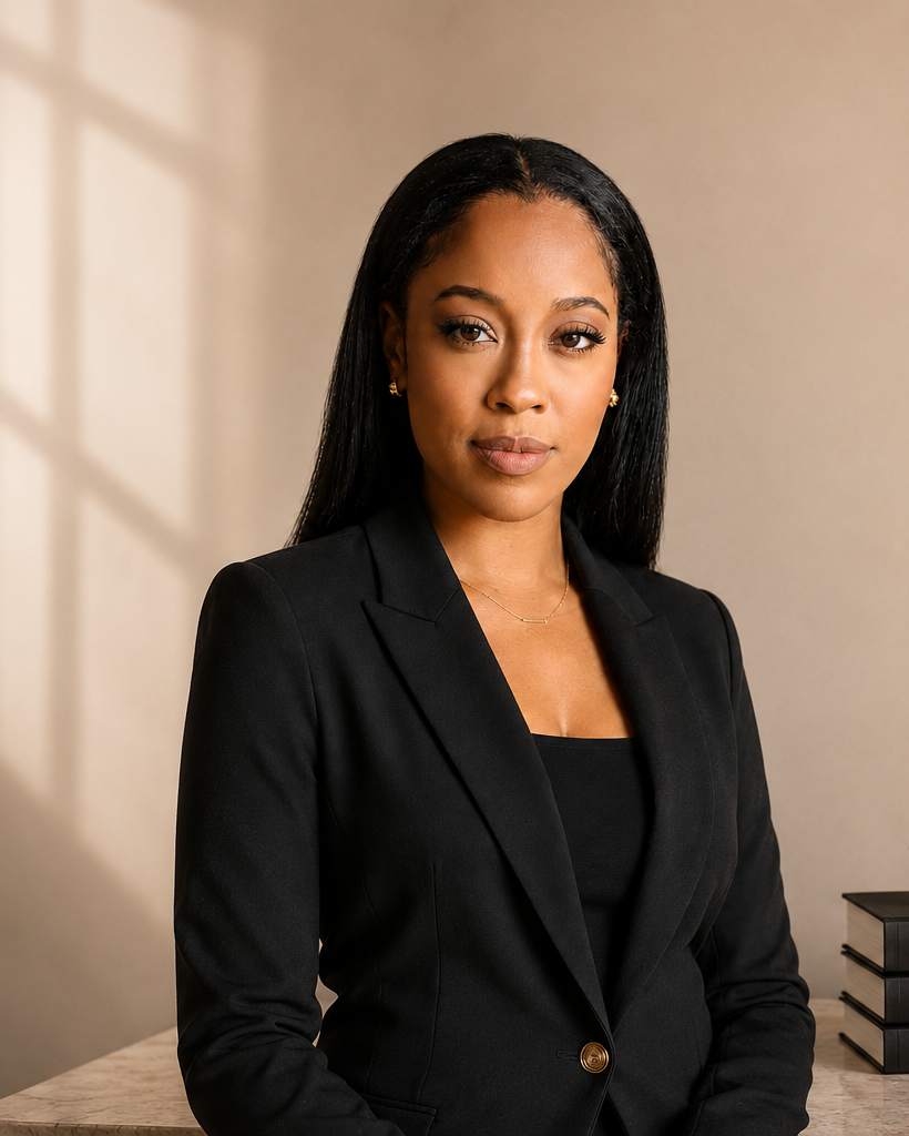 Angelique Payne, strategist and founder of Gold Collar Creative Atelier, seated at a desk in her creative workspace