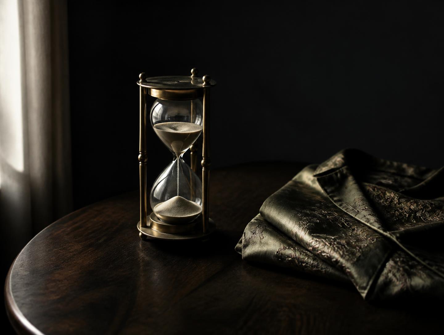 Brass hourglass beside folded silk on a dark table in low window light