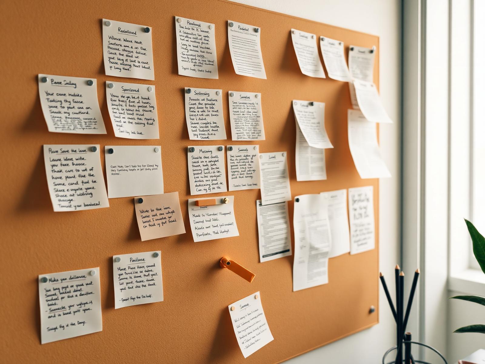 Strategy wall of handwritten research notes, sticky notes, and printed pages